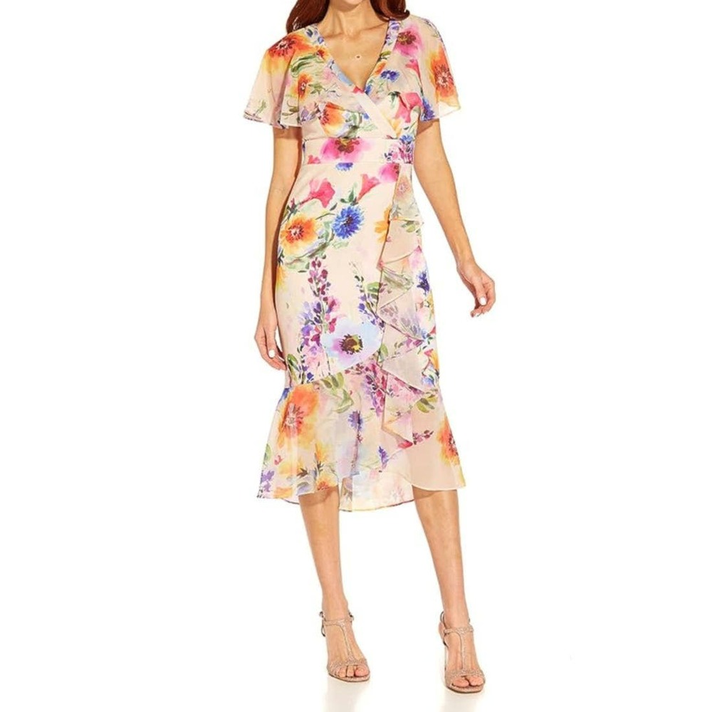 Adrianna Papell Floral Ruffled Faux Wrap Midi Dress